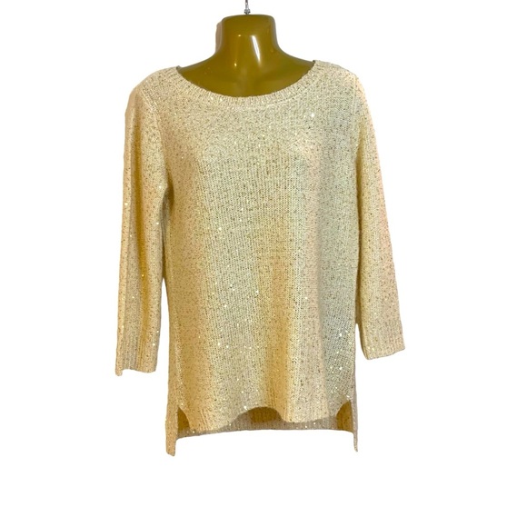 New Anne Klein cream knit lightweight sweater sparkly mini gold sequins M - Picture 1 of 13